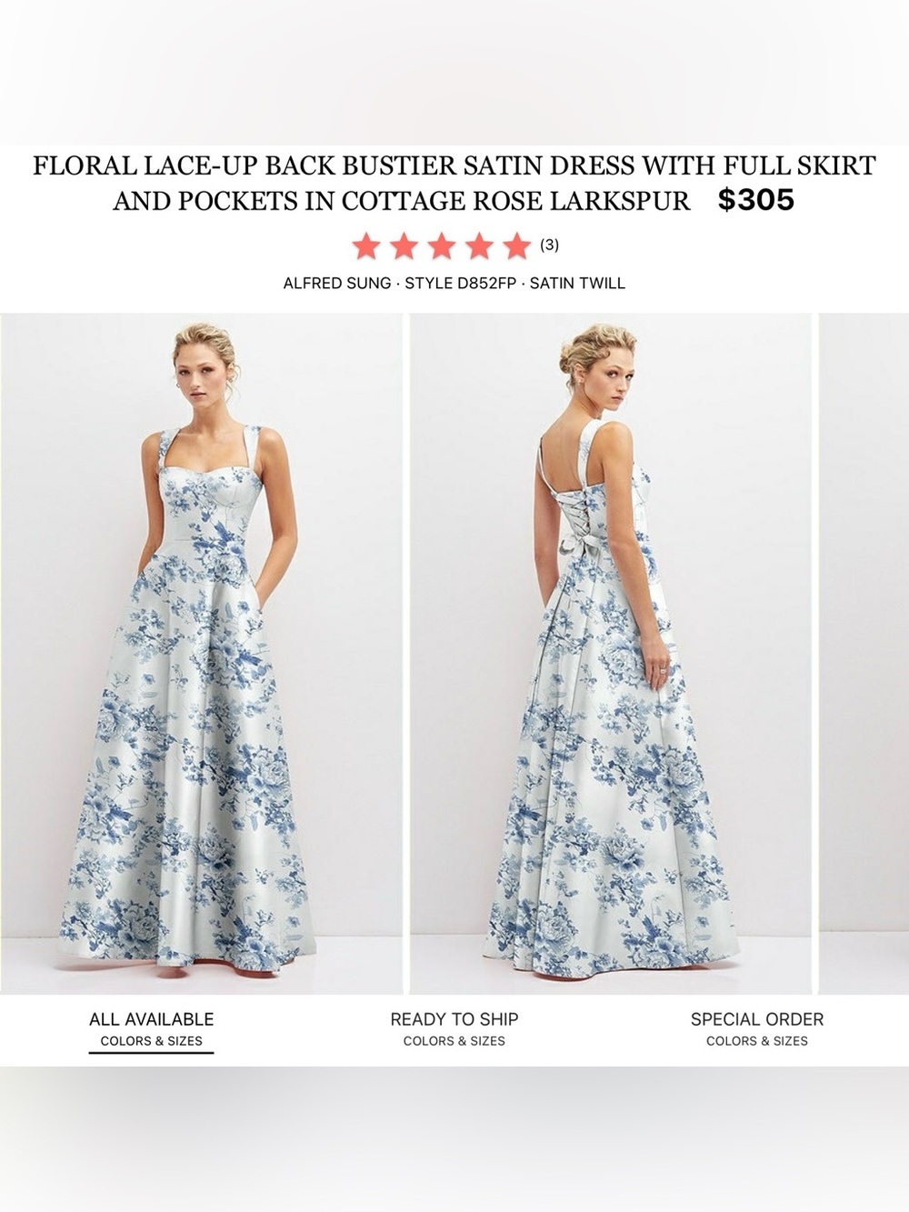 ALFRED SUNG White and Blue Floral Satin Bustier Maxi Dress
